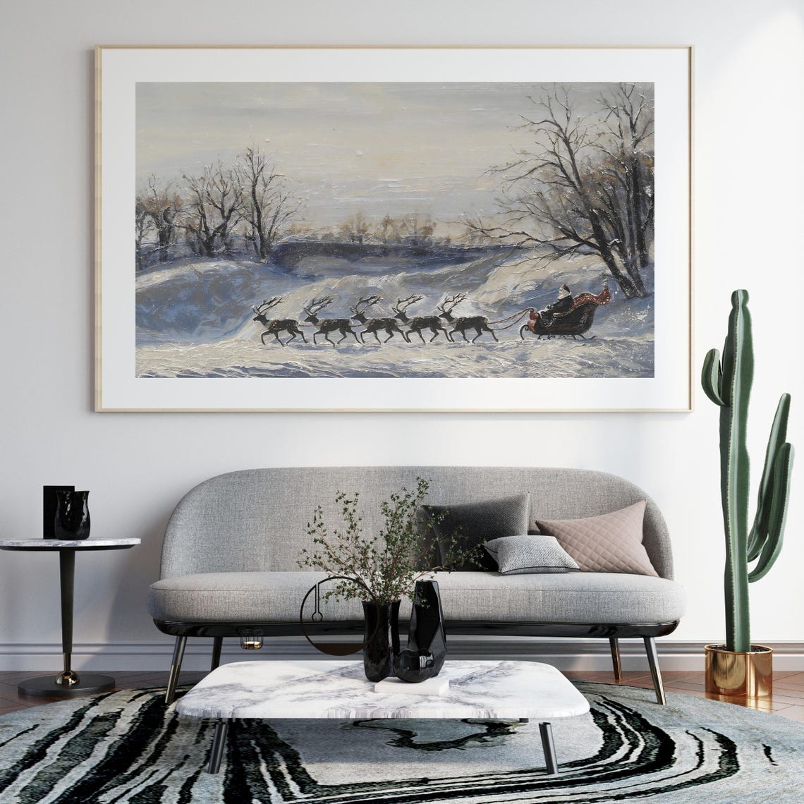 Santa Claus Sleigh With Reindeer Winter Landscape Classic Art Poster
