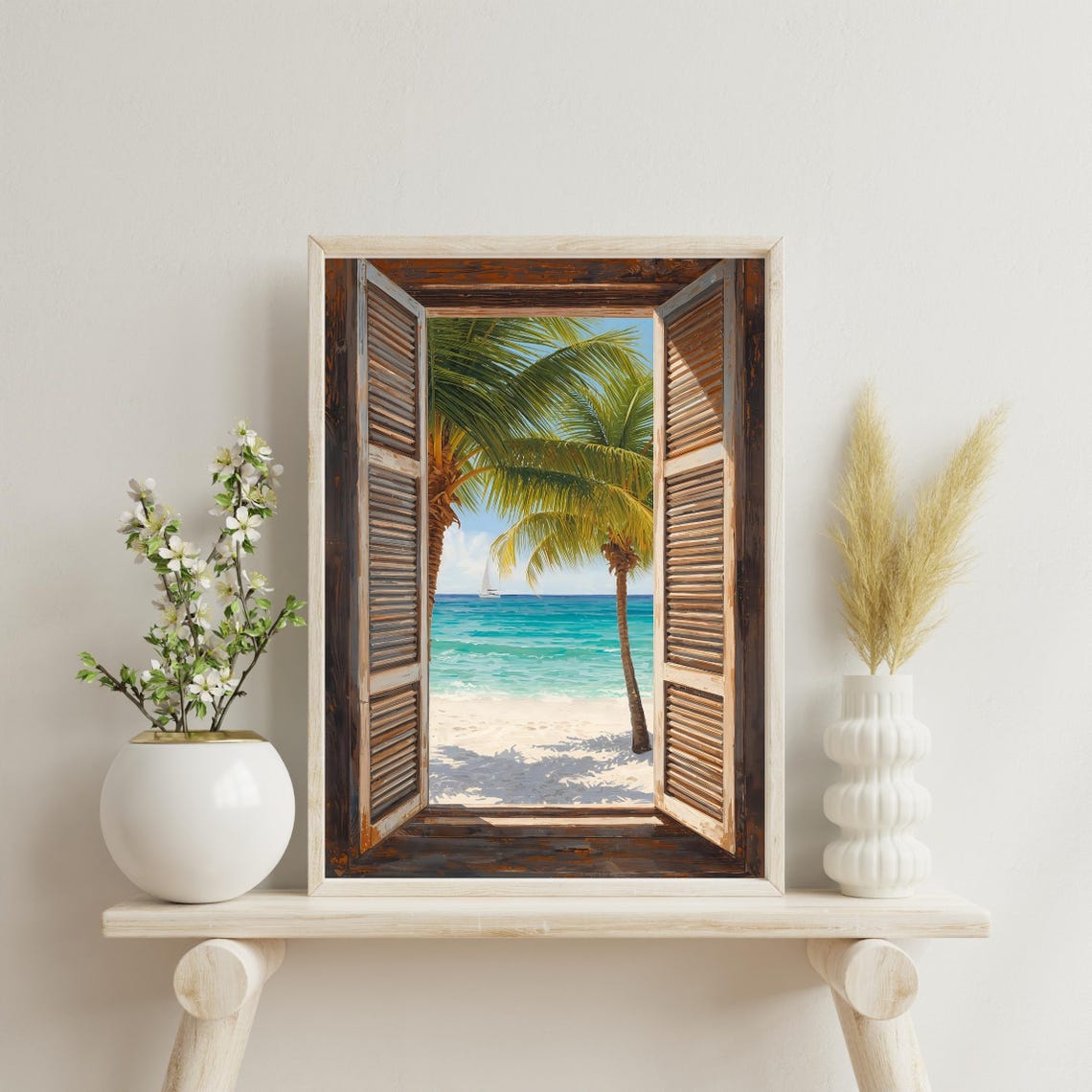 Tropical Palm Beach Through Wooden Shutters Sailboat Poster Art