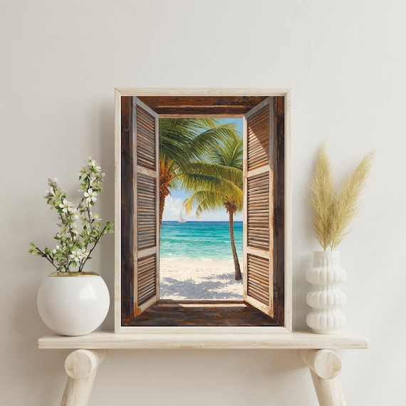 Tropical Palm Beach Through Wooden Shutters Sailboat Poster Art