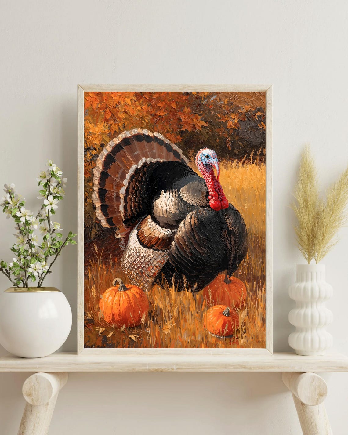 Wild Turkey in Autumn Field with Pumpkins Oil Painting Fall Poster