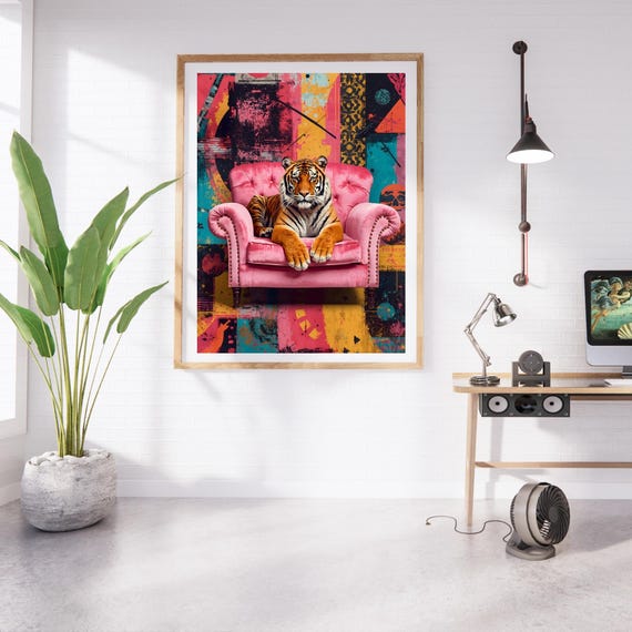 Tiger On Pink Velvet Chair Maximalist Wall Art Bold Animal Print Eclectic Statement Jungle Decor