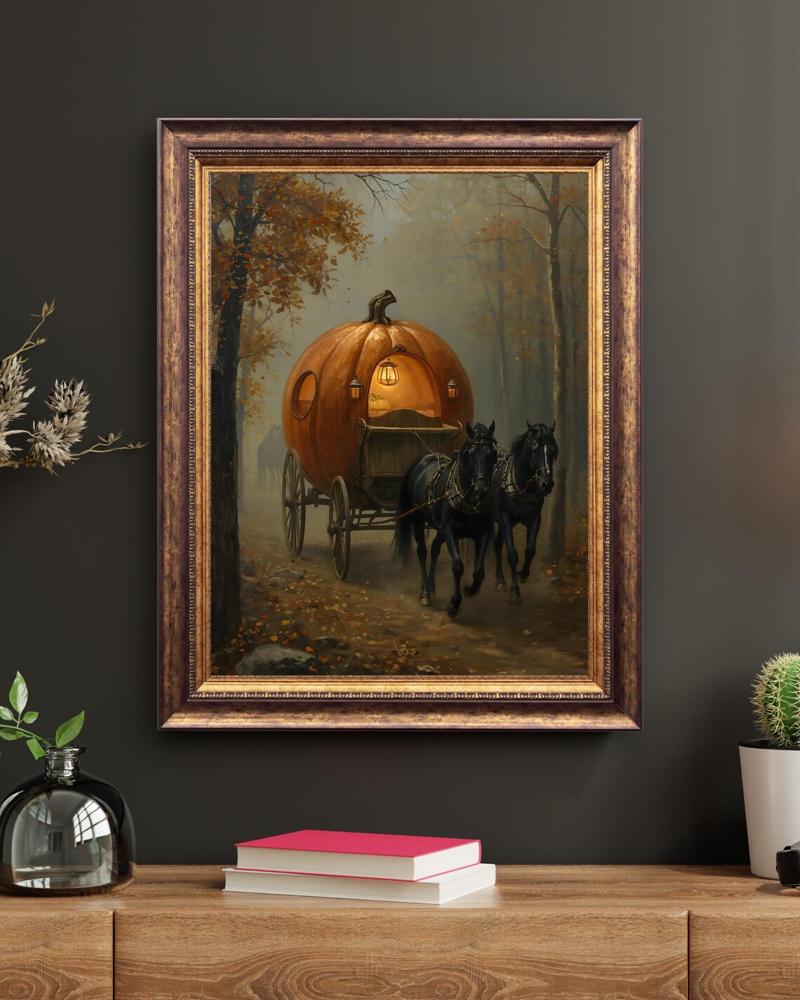 Vintage Pumpkin Carriage Horse Oil Painting Style Art Fall Wall Decor Rustic Print