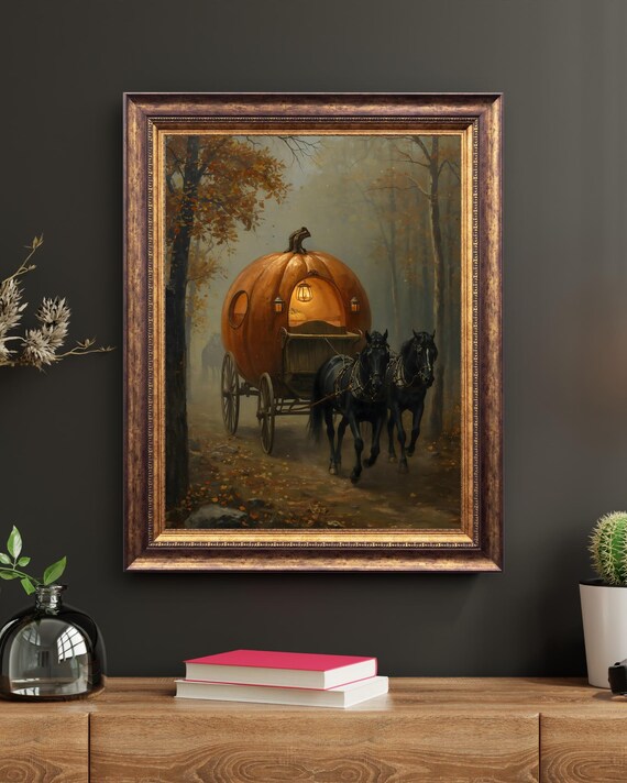 Vintage Pumpkin Carriage Horse Oil Painting Style Art Fall Wall Decor Rustic Print