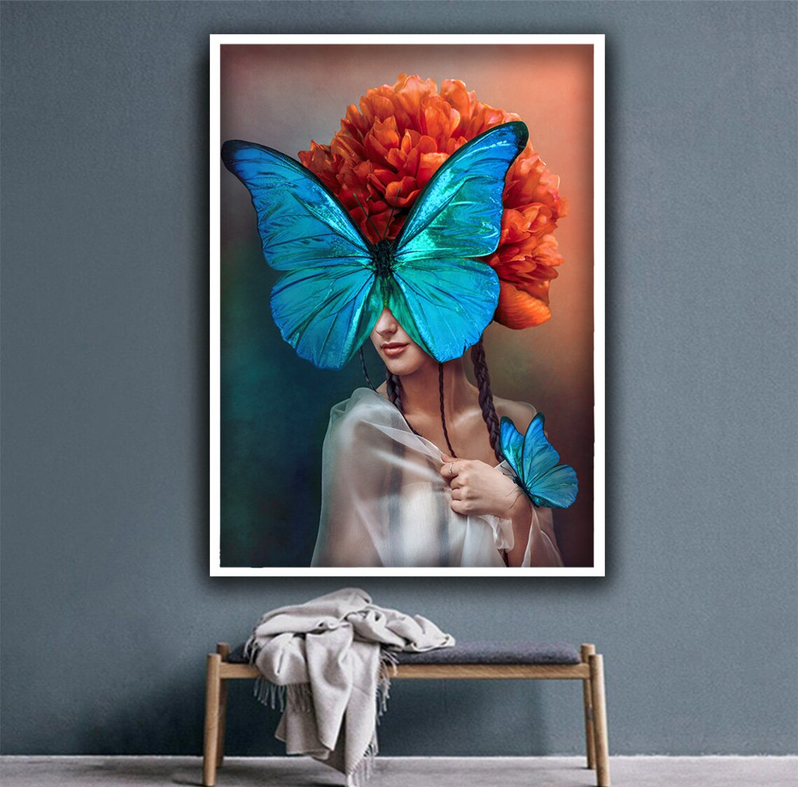Surreal Woman Blue Butterfly Mask Orange Blossom Dream Portrait Poster - Image 4
