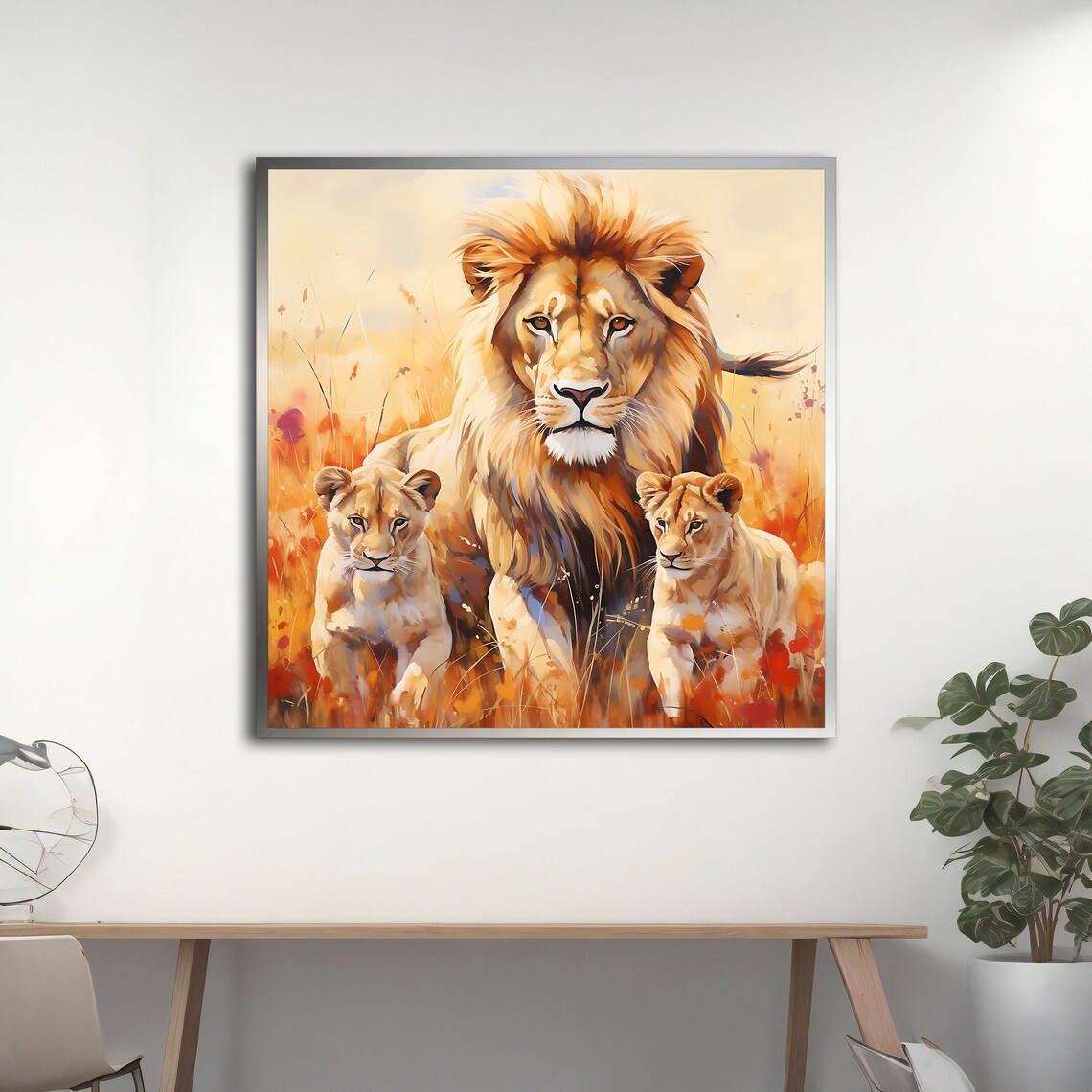 Male Lion With Two Cubs Golden Grassland Wildflower Painting Poster - Image 3