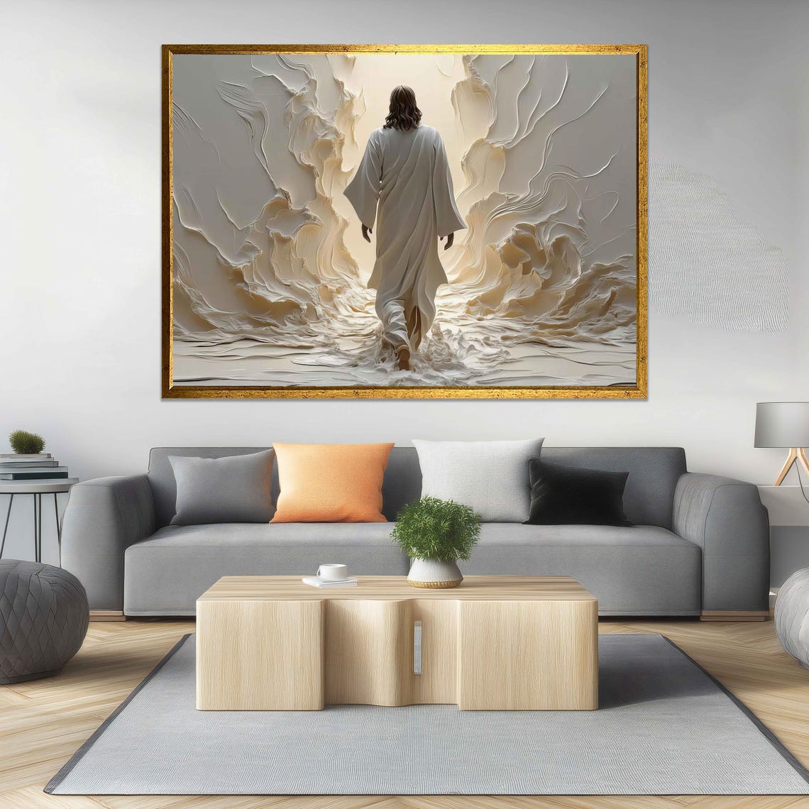 Jesus Walking Through Parted Sea Cream White Ethereal Painting Poster - Image 5