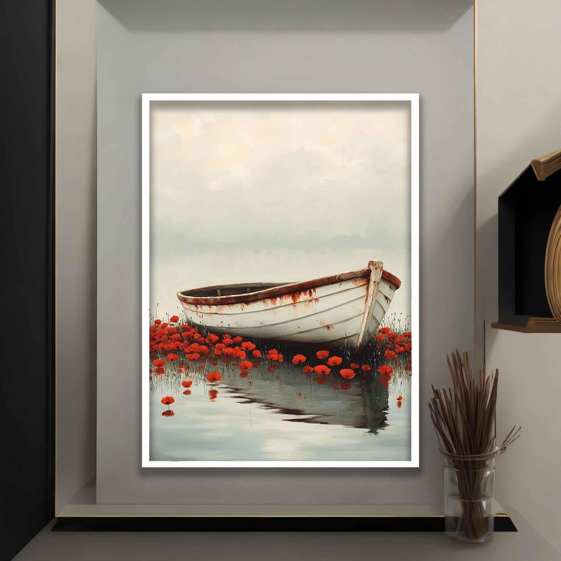 Weathered White Rowboat Among Red Poppies Seascape Painting Poster - Image 4