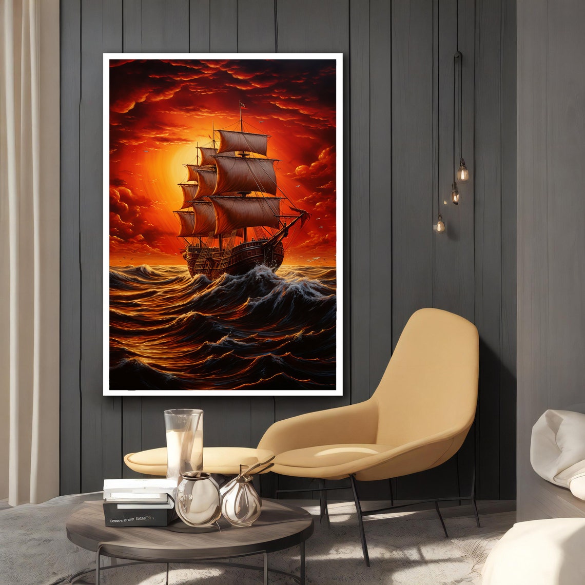 Tall Ship Glowing Sunset Behind Billowing Sails Ocean Waves Poster - Image 2