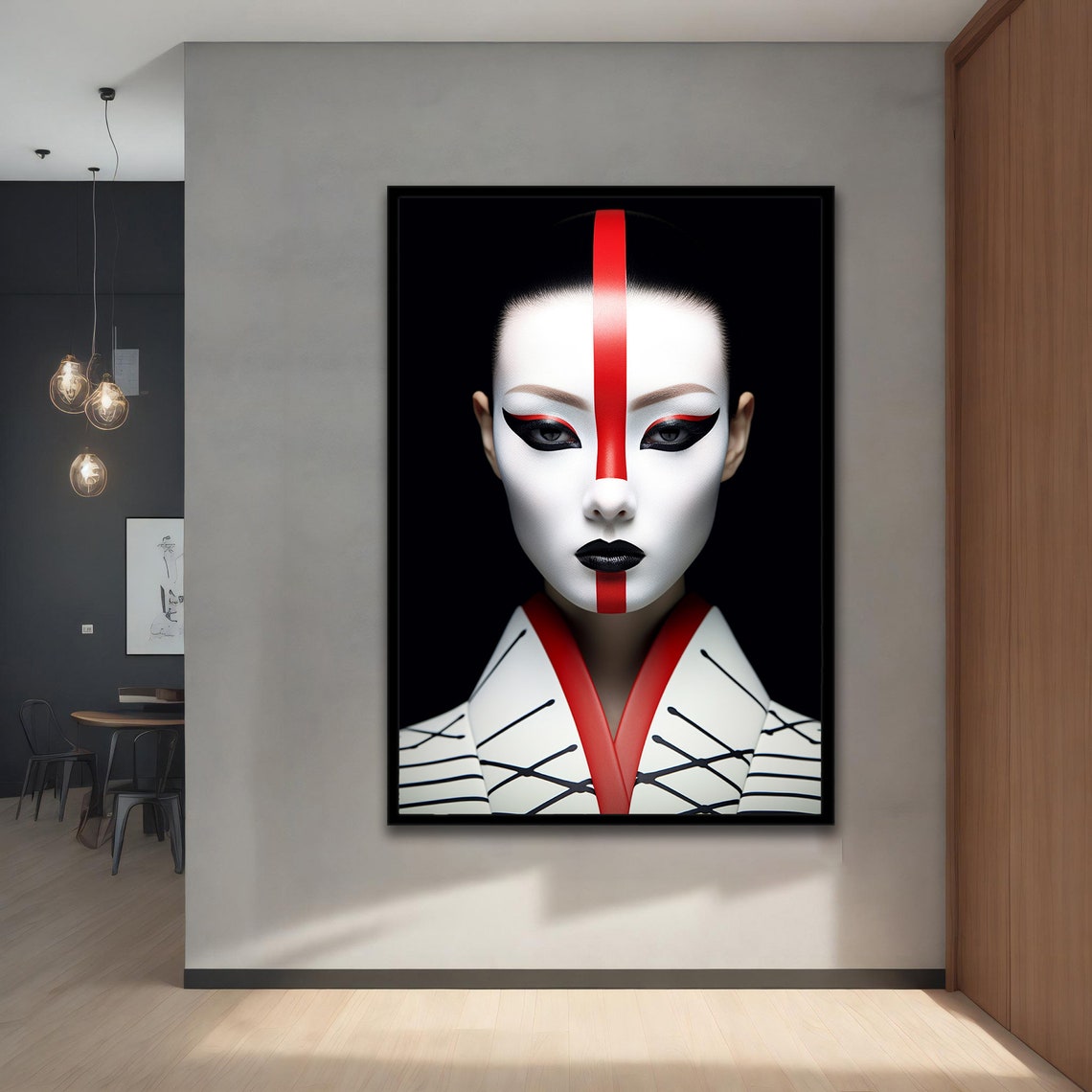 Geisha Kabuki Mask Bold Red Stripe White Face Dramatic Art Poster