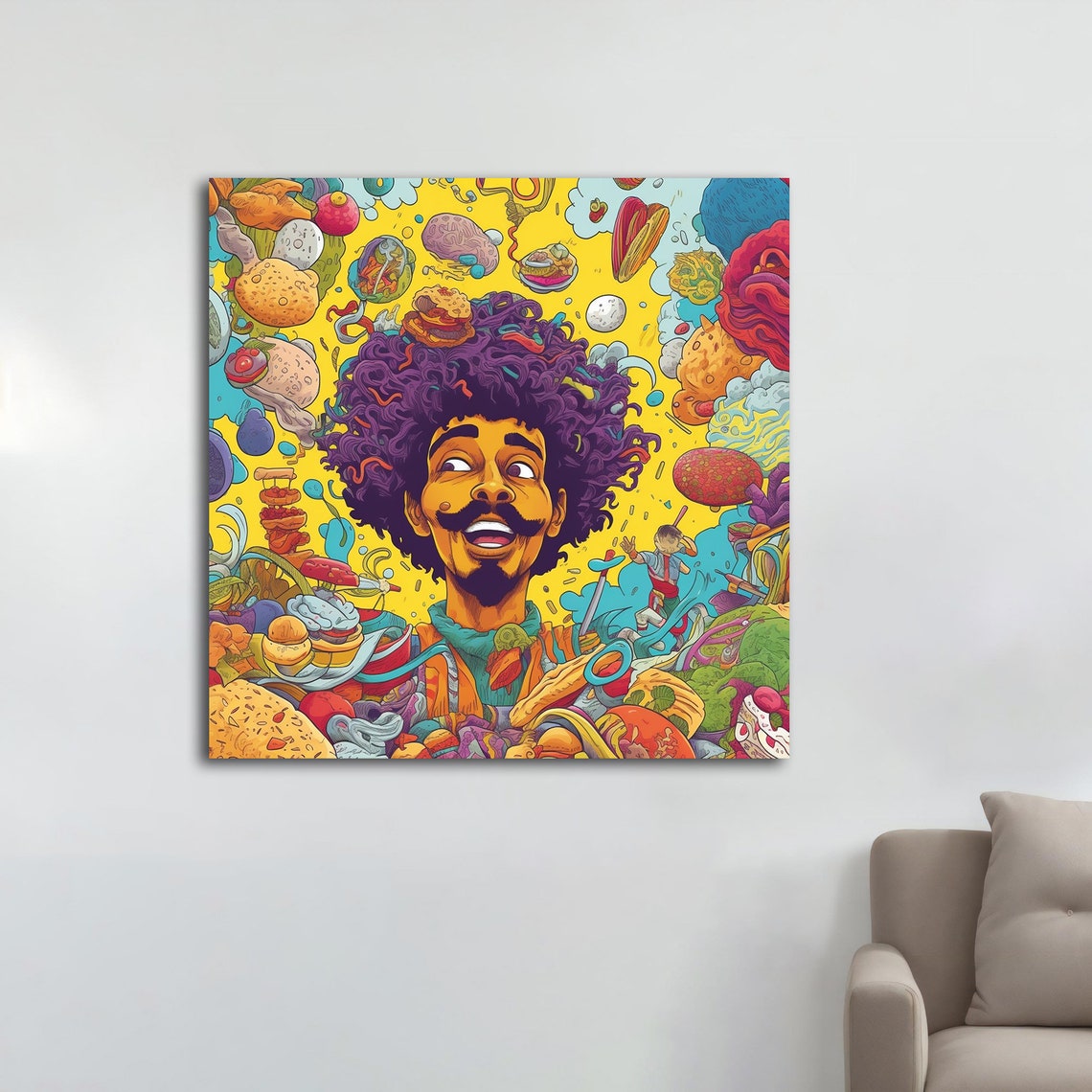 Cheerful Man With Purple Afro Psychedelic Doodle Food Pop Art Poster - Image 3