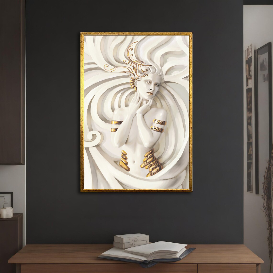 White Marble Goddess Gold Jewelry Elegant Figurative Modern Wall Art Print - Image 4