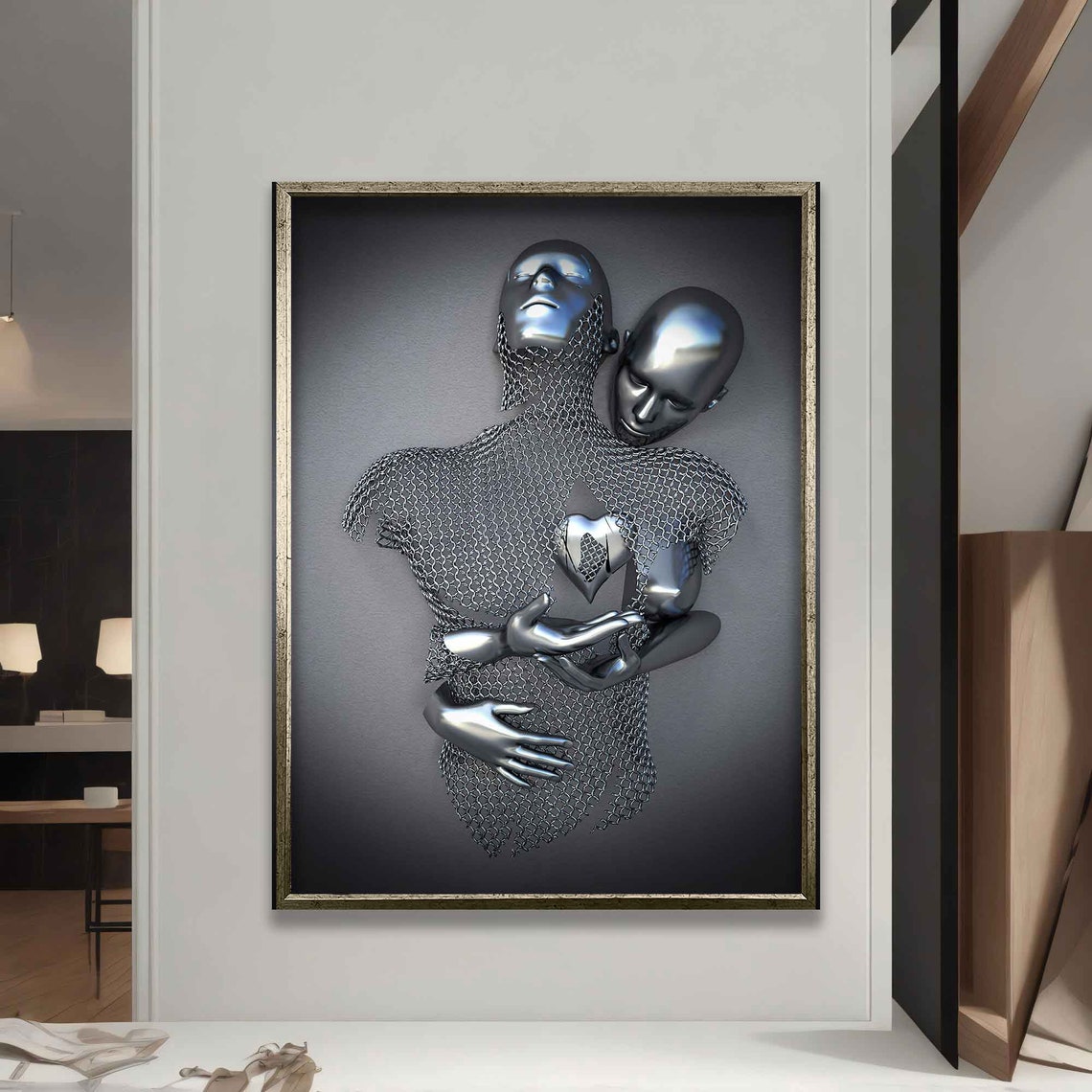 Silver Heart Love Two Figures Chainmail Sculpture Couple Art Poster