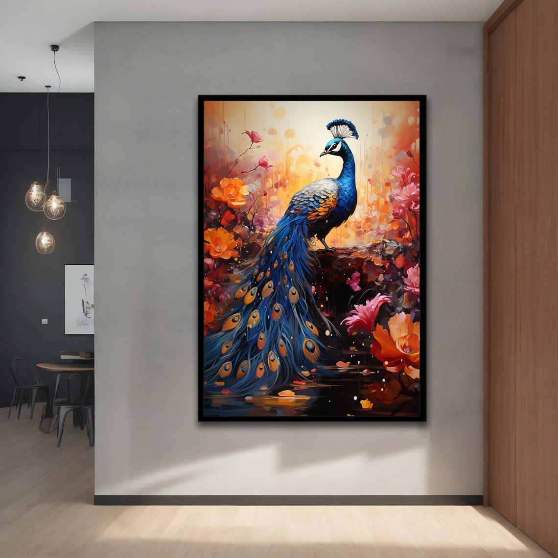 Blue Peacock Among Vibrant Flowers Full Tail Garden Art Poster