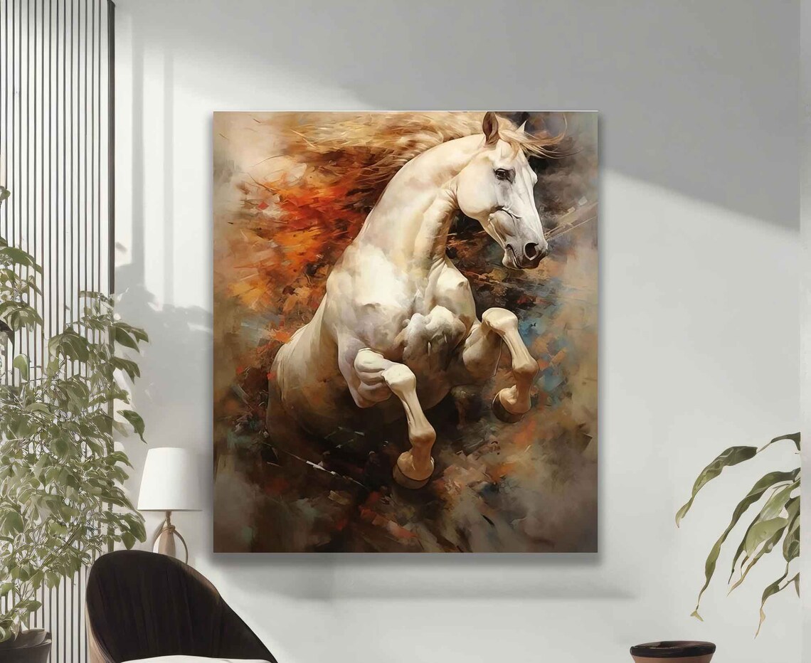 Prancing White Horse Fiery Orange Brown Splash Painting Poster