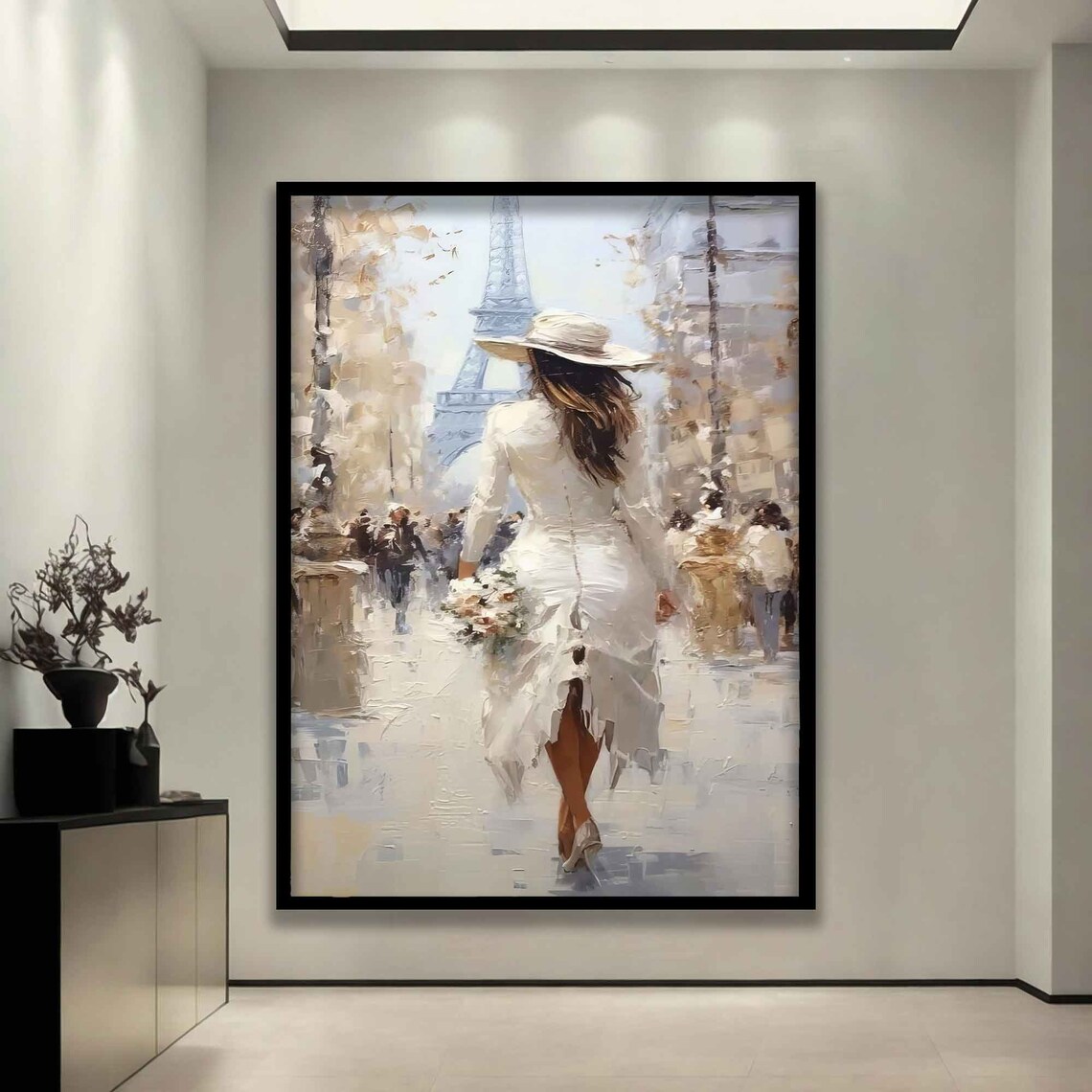 Woman White Dress Walking Paris Street Eiffel Tower View Painting Poster - Image 3