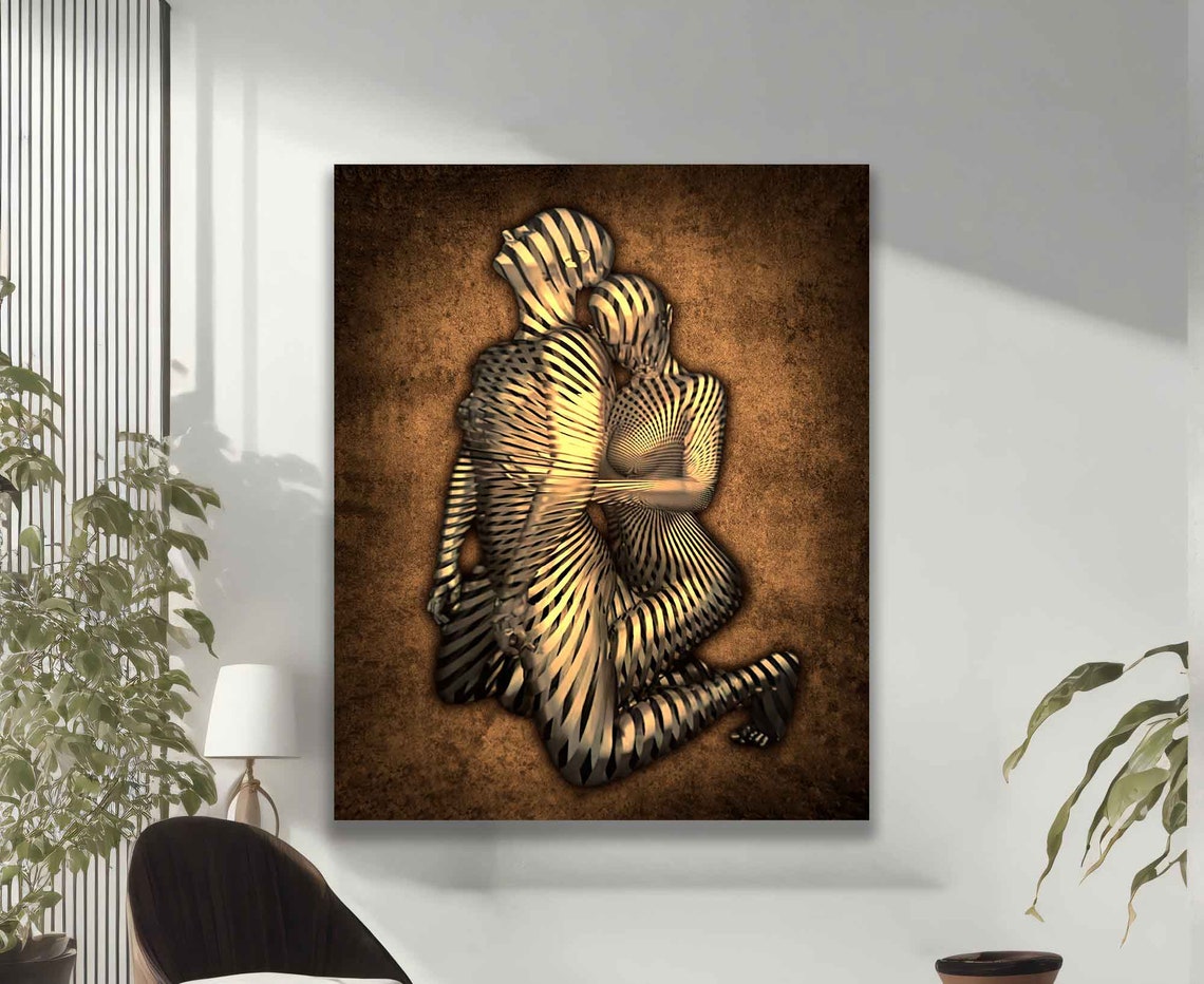 Bronze Abstract Embracing Couple Sculpture Love Golden Wall Art - Image 2