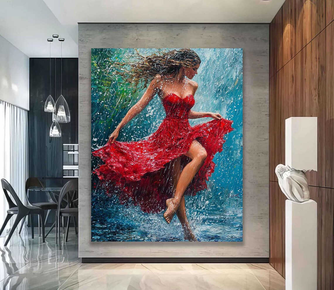 Dancing Woman Red Dress Rain Barefoot Joyful Impressionist Art Poster Print - Image 2