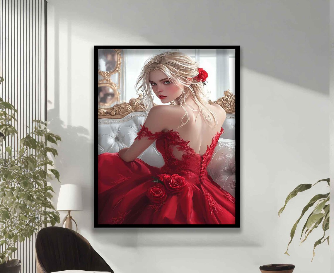 Blonde Beauty Red Lace Gown Roses Elegant Boudoir Portrait Art Print Poster
