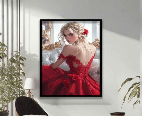 Blonde Beauty Red Lace Gown Roses Elegant Boudoir Portrait Art Print Poster