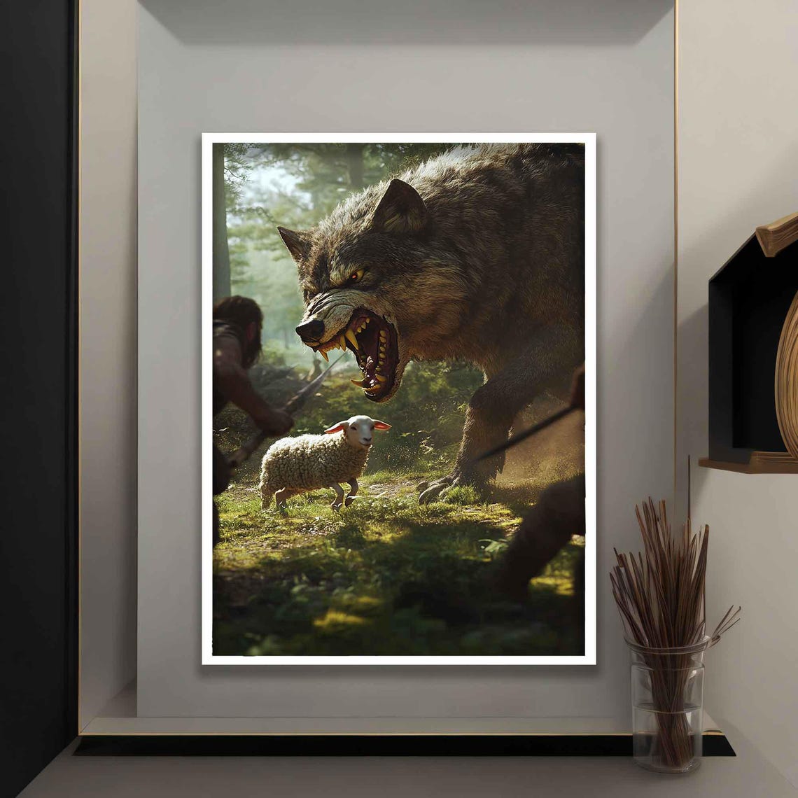 Jesus Rushing To Save Lamb From Snarling Wolf Green Forest Poster - Image 5