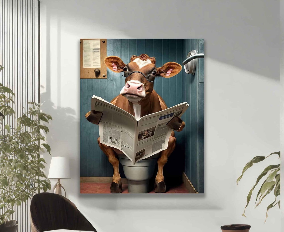 Painting Of A Cow Reading The Newspaper On The Toilet Funny Cow Painting Cow Poster Pop Art Cow Art - Image 2