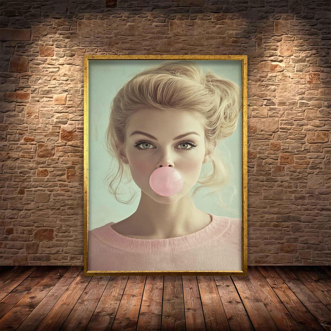 Blonde Woman Blowing Pink Bubble Gum Retro Pop Art Portrait Poster - Image 4