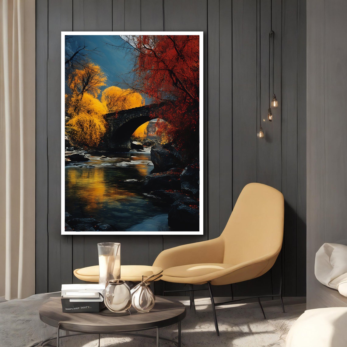 Stone Bridge Autumn River Gold Red Trees Mountain Nature Art Poster - Image 2