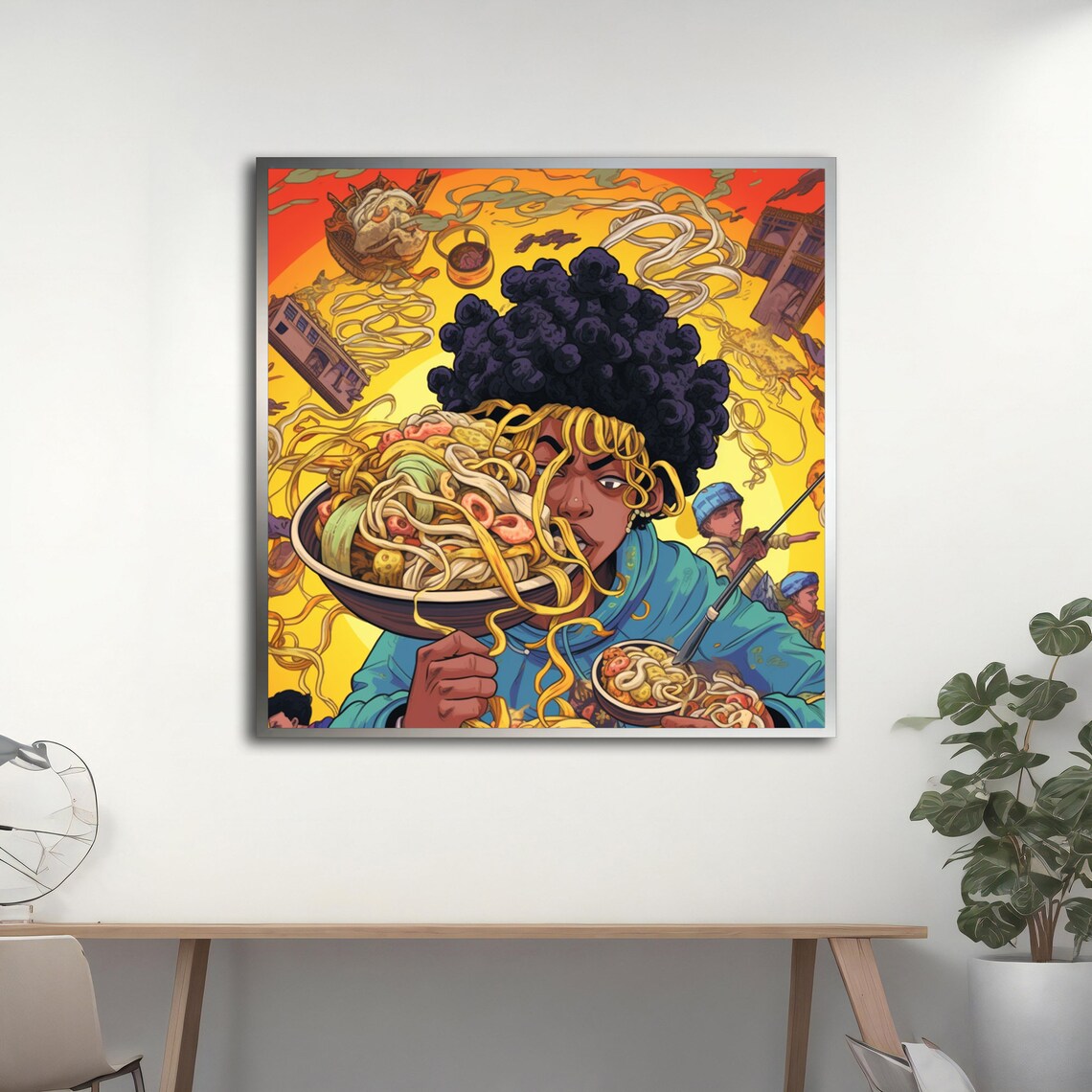 Woman With Big Afro Eating Noodle Bowl Psychedelic Orange Art Poster - Image 5