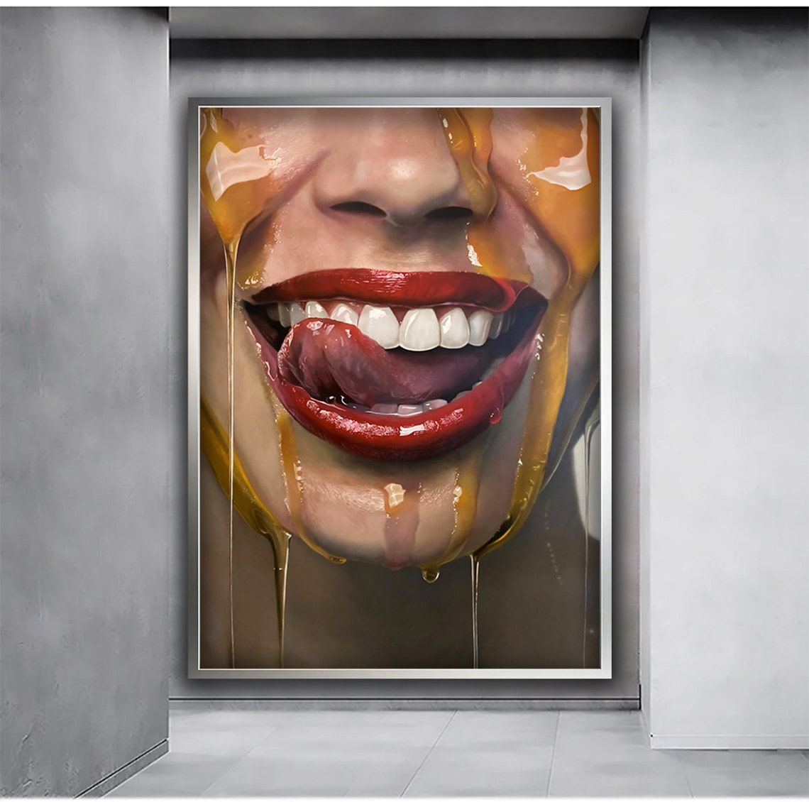 Bold Red Lips Honey Dripping Tongue Out Pop Art Woman Face Wall Poster