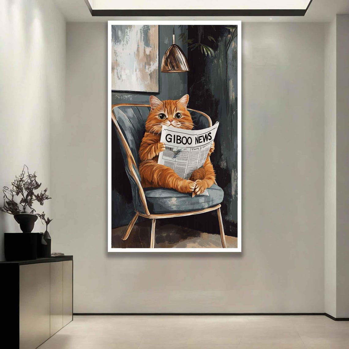 Orange Cat Reading Newspaper In Armchair Cozy Funny Animal Art Poster - Image 2