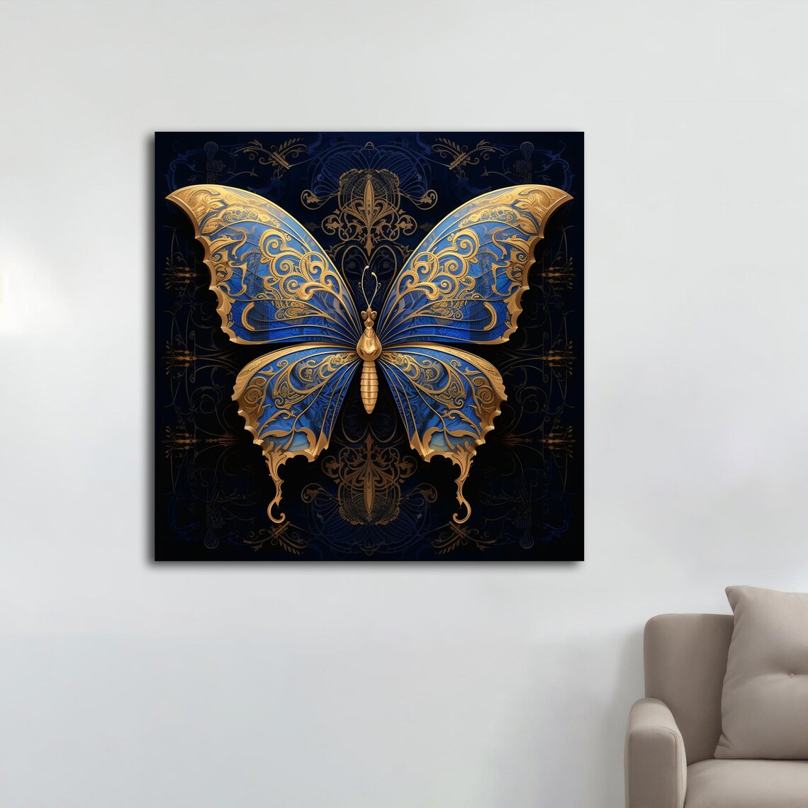 Royal Blue Gold Filigree Butterfly Ornate Dark Navy Elegant Poster - Image 2