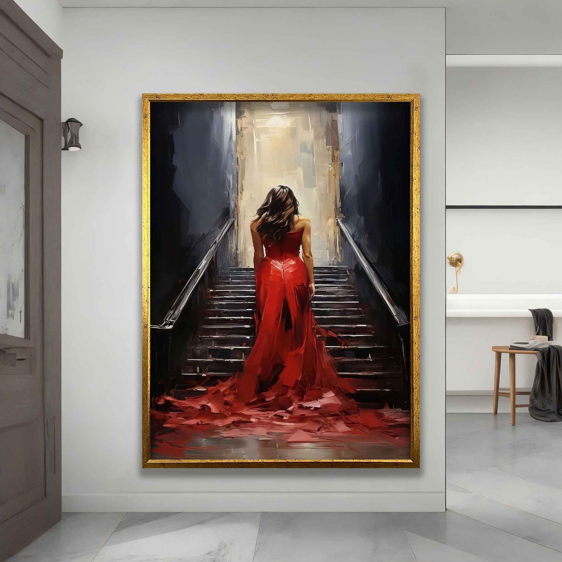 Woman In Red Dress Beautiful Woman Walking On The Stairs Wall Art Woman Poster Red Dress Print Woman Poster