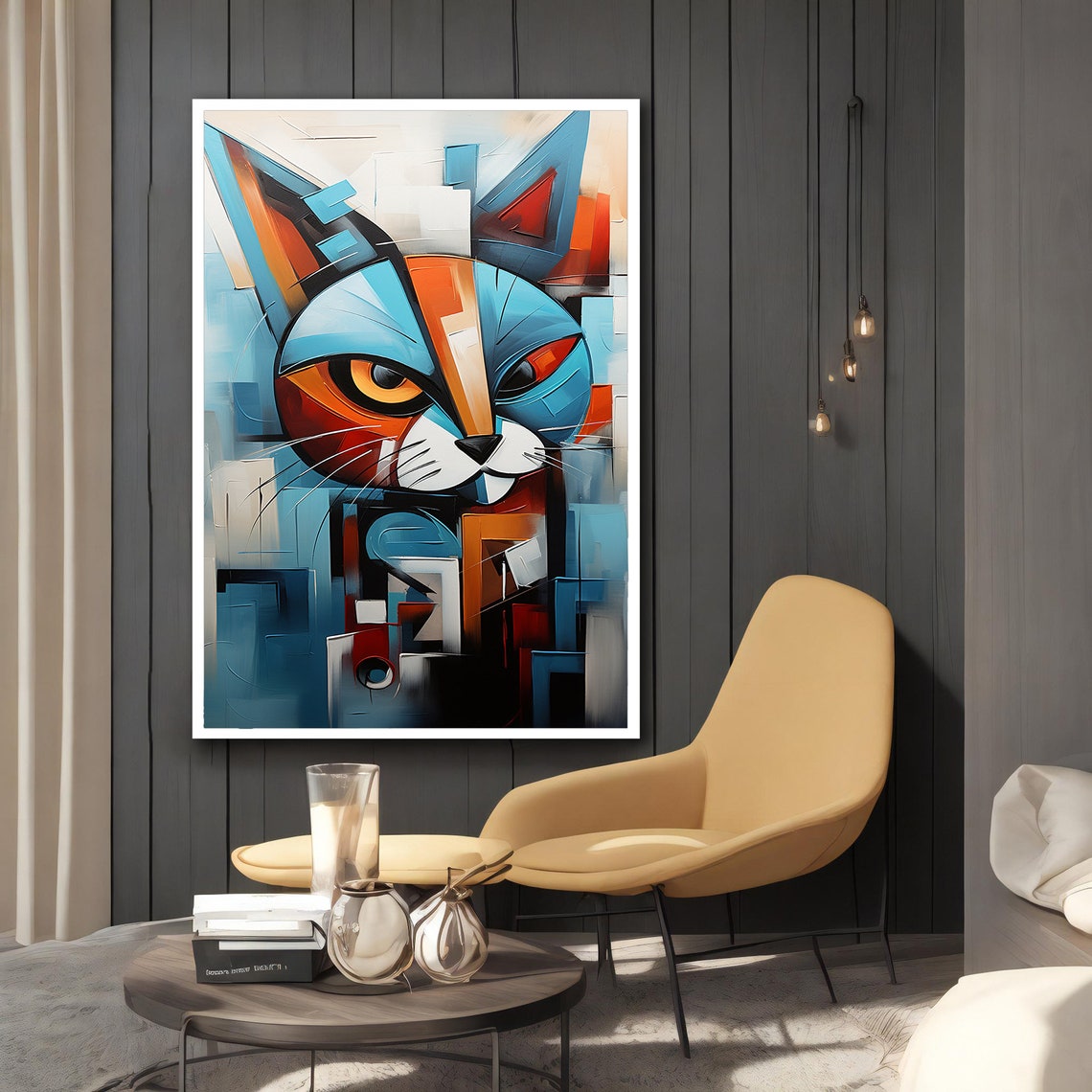 Cubist Blue Orange Cat Face Geometric Abstract Animal Art Poster - Image 2