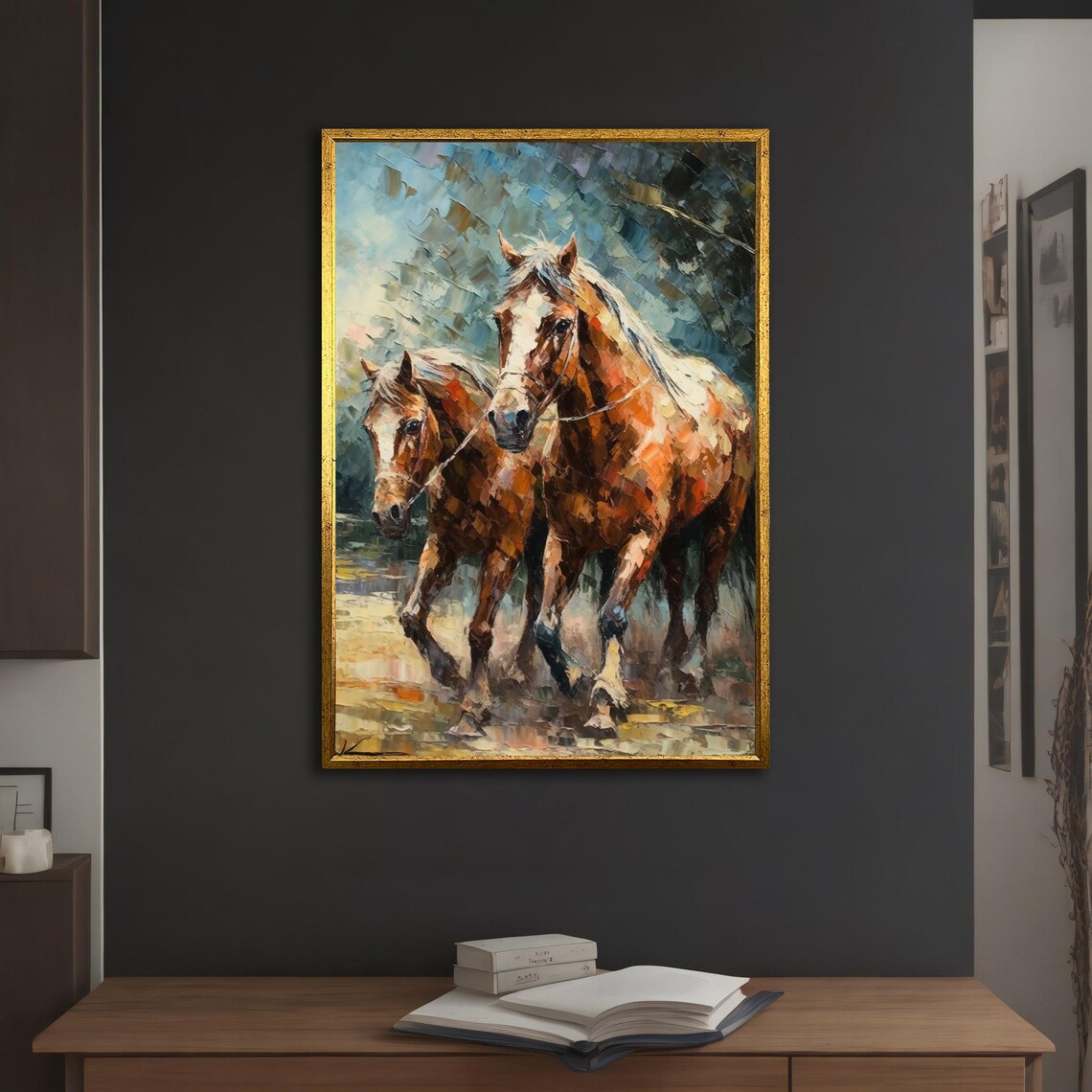 Two Chestnut Horses Running Wild Palette Knife Painting Poster - Image 5