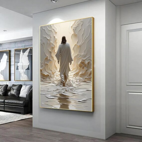 Jesus Walking Through Parted Waters White Relief Spiritual Art Print