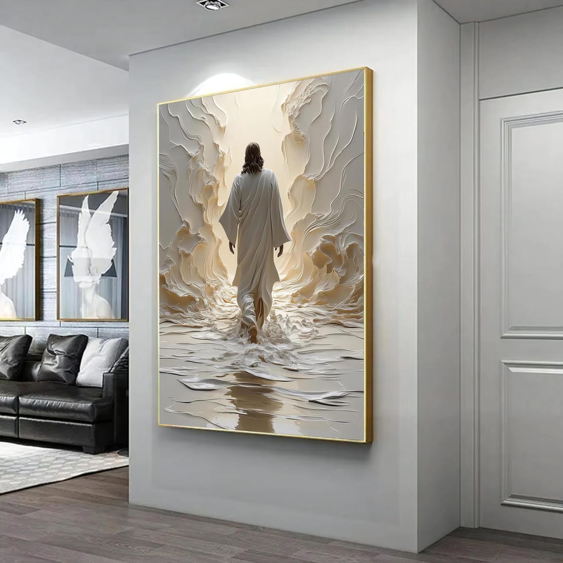 Jesus Walking Through Parted Waters White Relief Spiritual Art Print