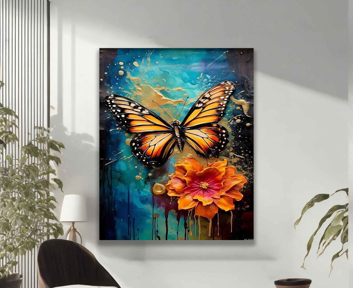 Monarch Butterfly with Orange Flower Teal Abstract Art Wall Poster - Image 2