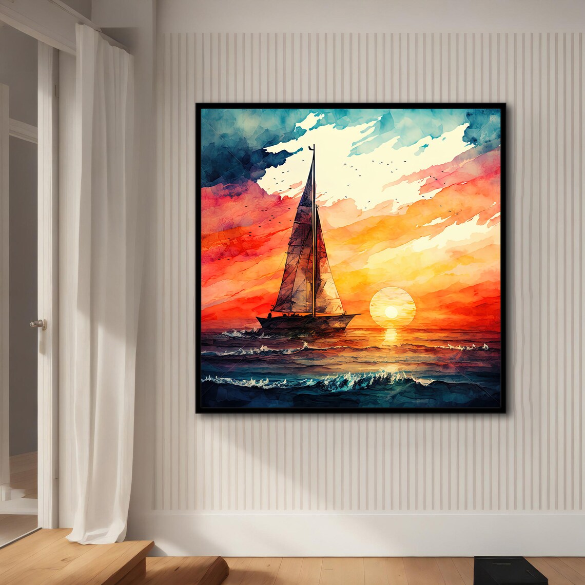 Sailboat Sunset Watercolor Vibrant Red Sky Ocean Sailing Poster