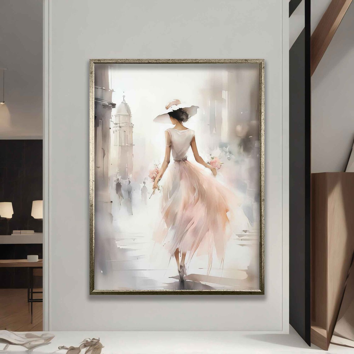 Woman White Dress City Stroll Watercolor Elegant Feminine Romantic Wall Art Poster - Image 5