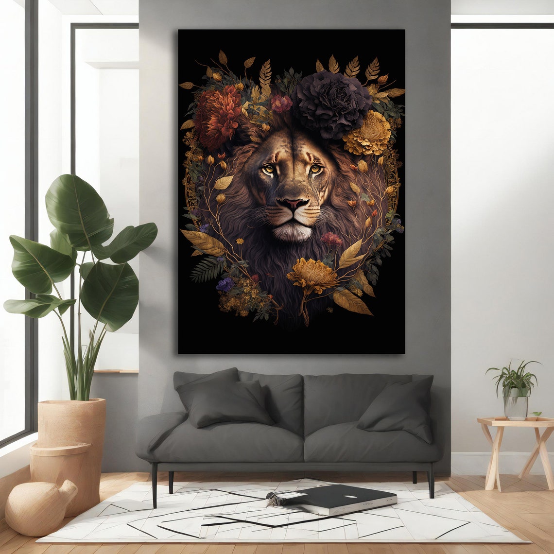 Lion Face Surrounded By Dark Floral Bloom Crown Burgundy Poster - Image 5