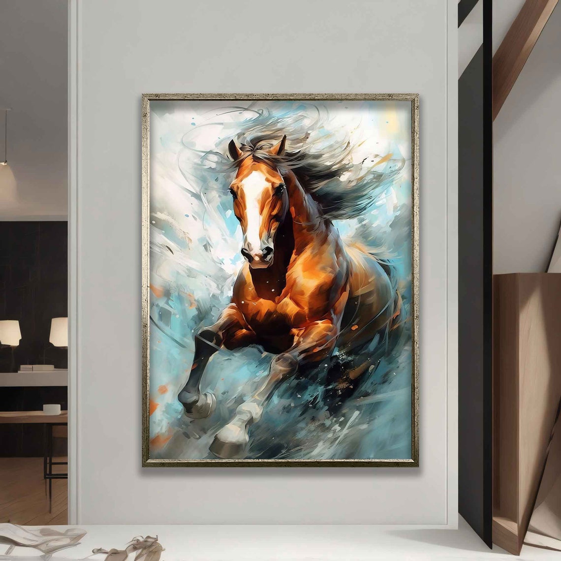 Running Chestnut Horse Flowing Mane Dynamic Splash Art Wall Poster - Image 5