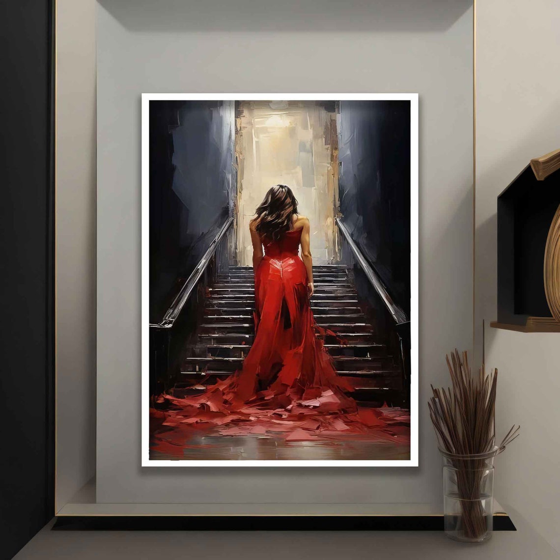 Woman in Red Gown Climbing Dark Staircase to Light Art Wall Poster - Image 4