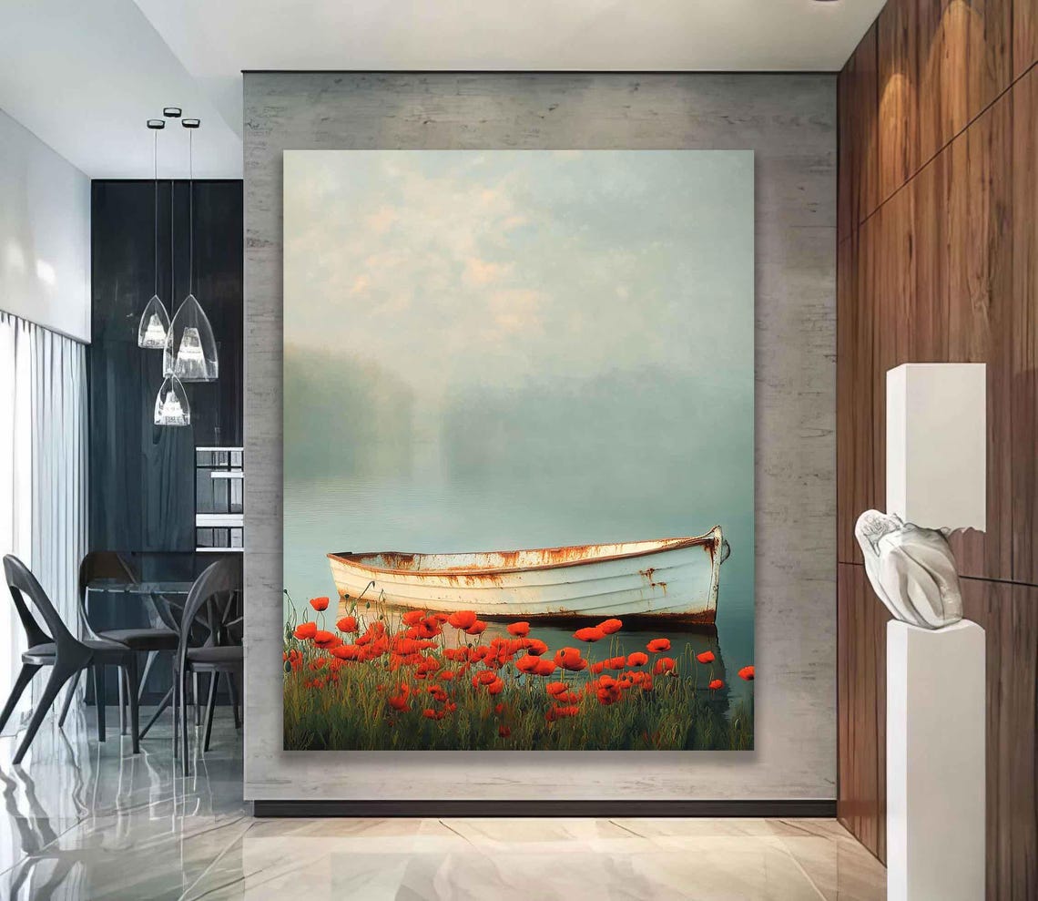 Misty Teal Waters White Rowboat Red Poppies Floral Seascape Poster - Image 2
