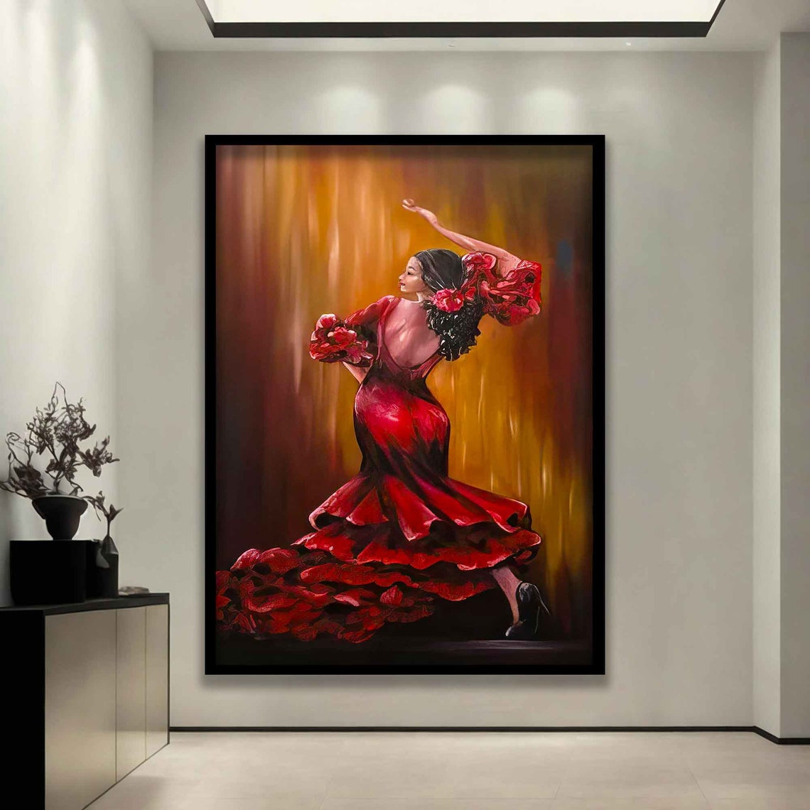 Flamenco Dancer Red Ruffled Gown Mid Twirl Golden Stage Dance Poster
