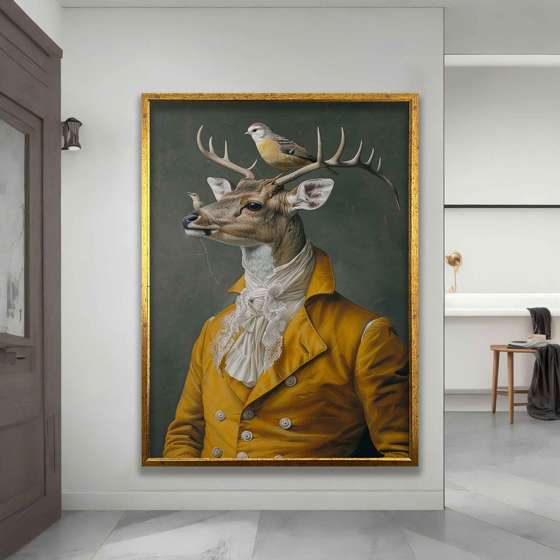 Noble Stag Profile Yellow Coat Lace Cravat Birds On Antlers Art Poster - Image 3