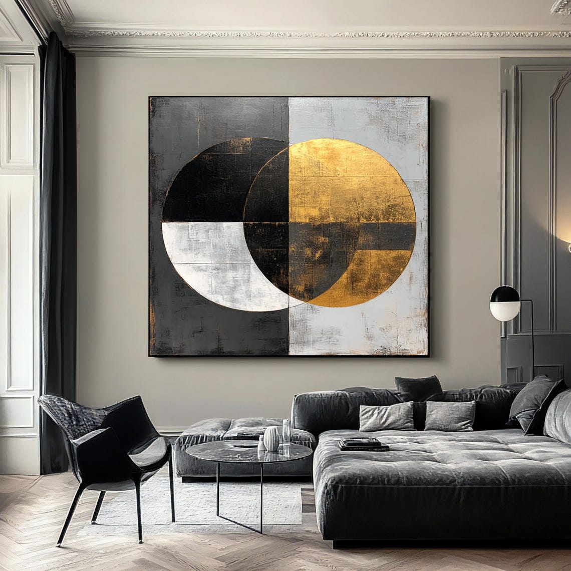Gold Black Overlapping Circles Geometric Modern Abstract Art Poster