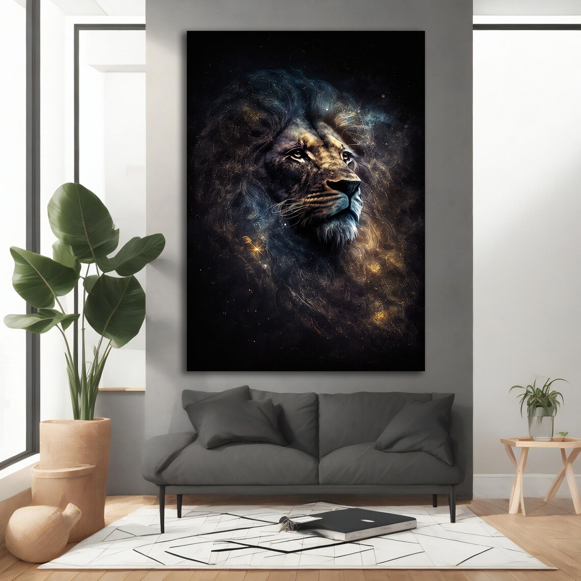 Majestic Lion Head Cosmic Galaxy Stars Dark Elegant Art Poster - Image 3