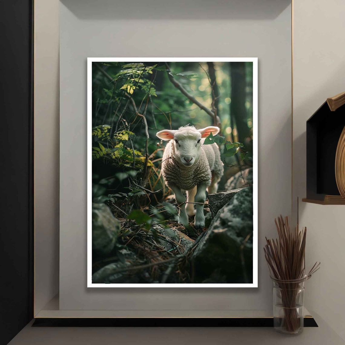 Lamb Of God Sunlit Forest Rocky Path Christian Faith Wall Art Print - Image 4
