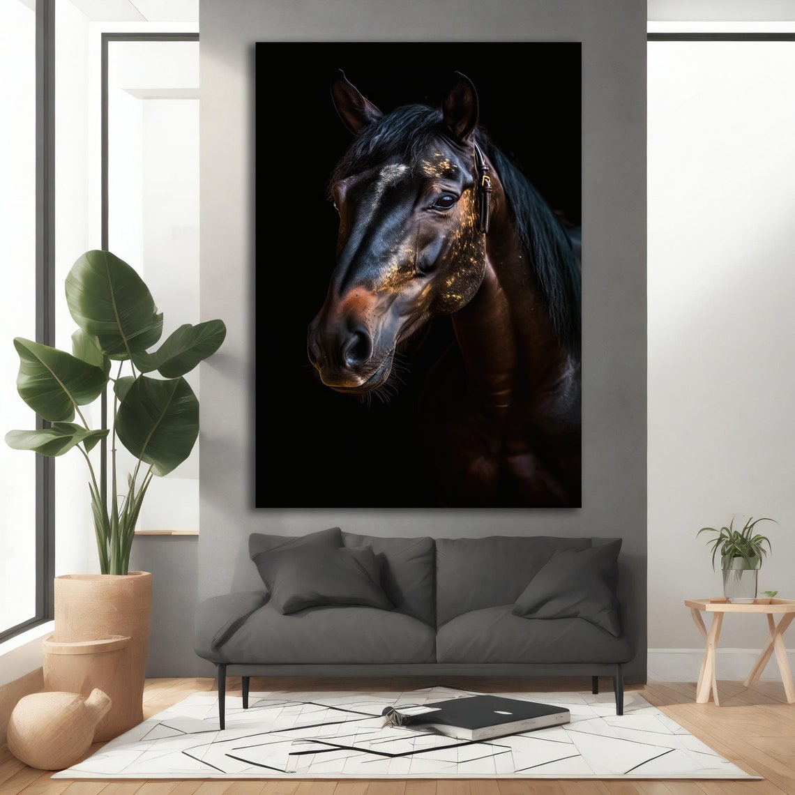 Dark Horse Head Portrait Dramatic Black Golden Light Art Print - Image 5