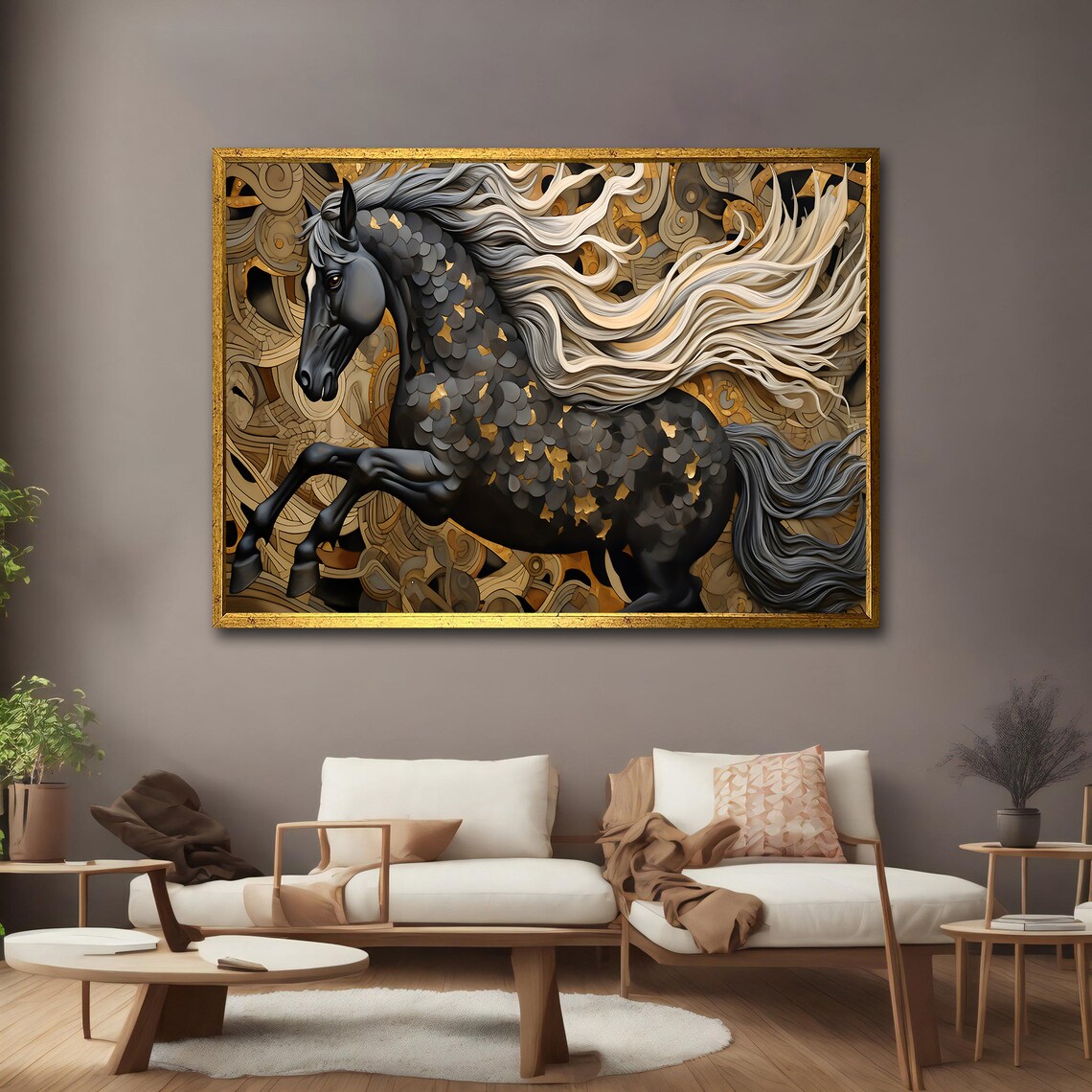Black Gold Horse White Flowing Mane Golden Filigree Background Poster - Image 3